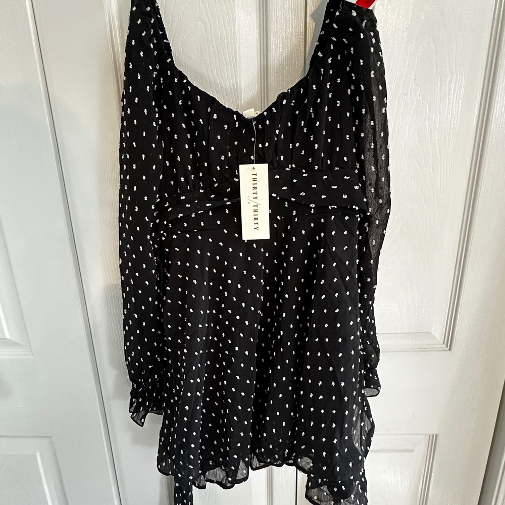 THIRTYTHIRTY Black White Polka‎ Dot Ruffle Tie Front Mini Dress M